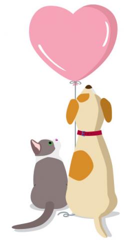 Illustration of dog and cat looking at heart-shaped balloon